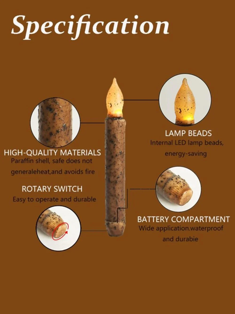 12Pcs 6.5'' Rustic Flameless Taper Candles with Timer | Hand-Dipped Real Wax for